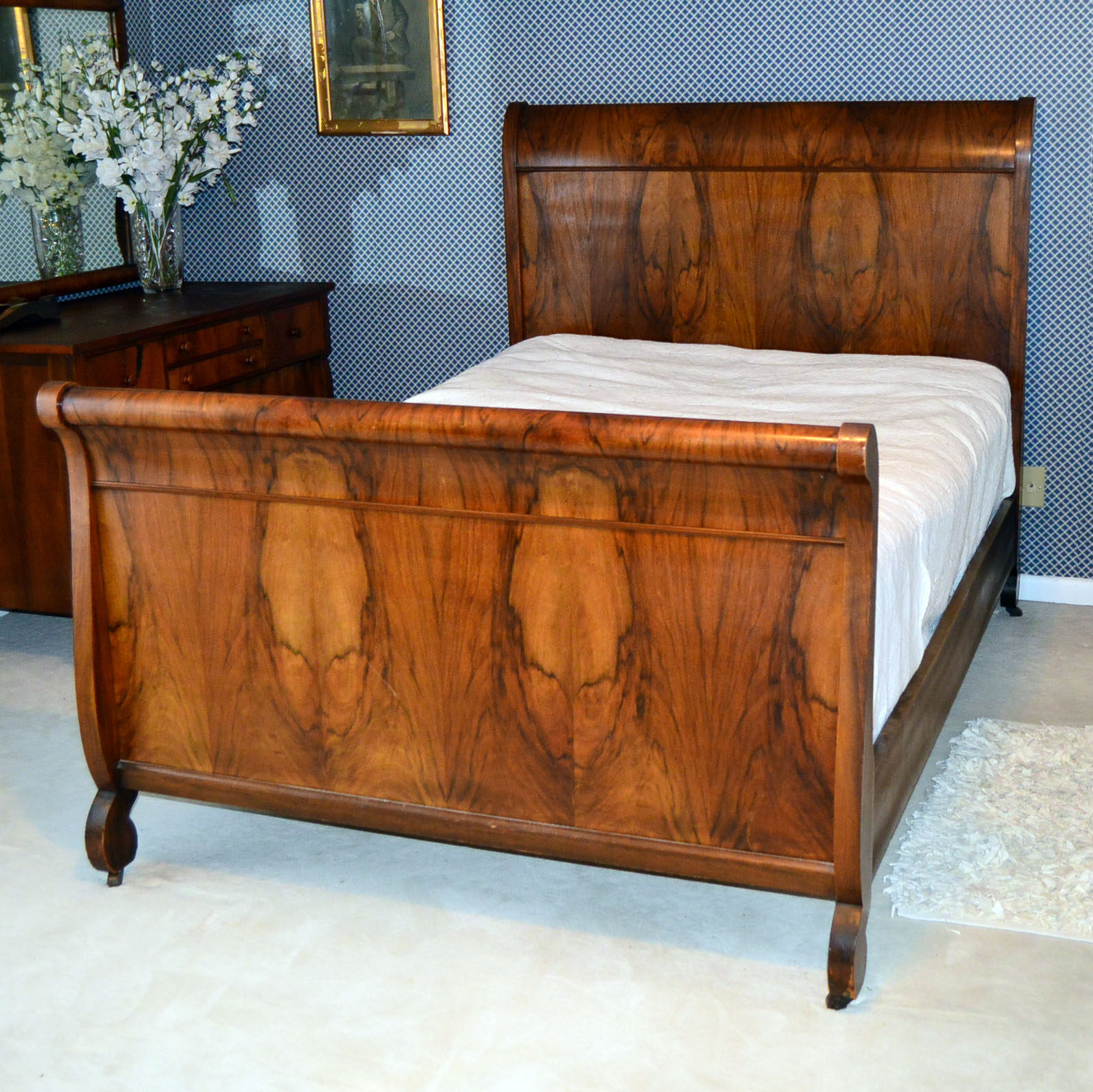 Burled Walnut Empire Style Sleigh Bed EBTH